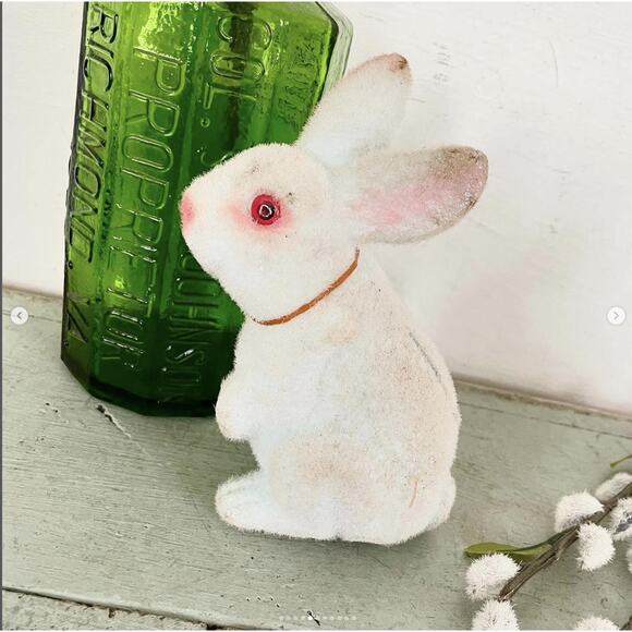 Vintage Flocked Fuzzy Easter Bunny Pink OR Blue Bank Glass Plastic Eye BOTH - Picture 5 of 10